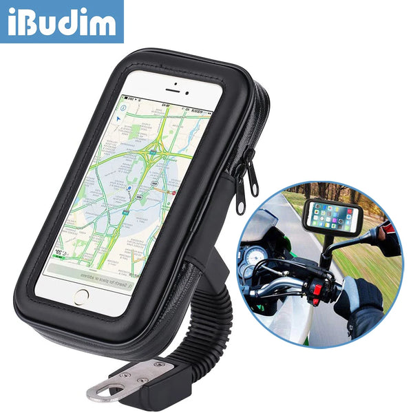 iBudim Waterproof Motorcycle Phone Holder Motorbike Rear View Mirror Mobile Phone Stand Mount GPS Cellphone Mount Case Cover Bag